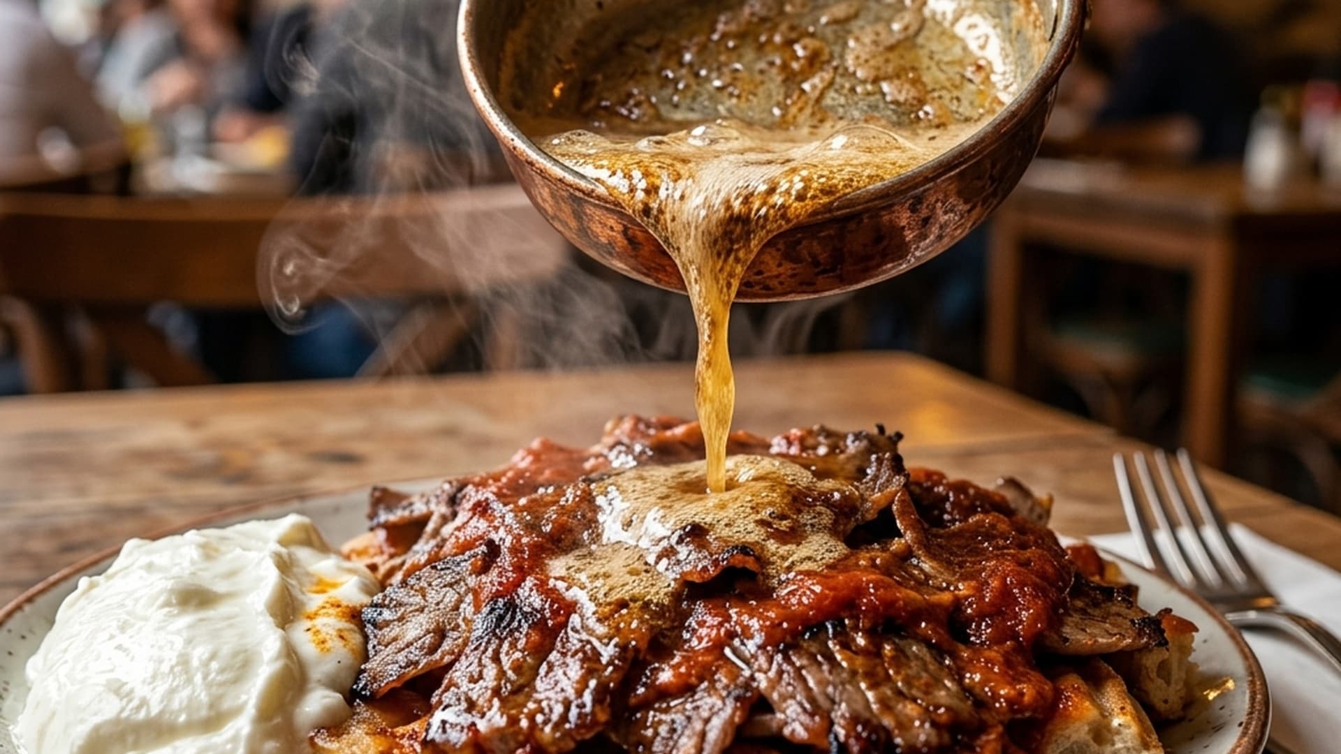 Warm butter poured over Iskender kebab with yogurt and pita