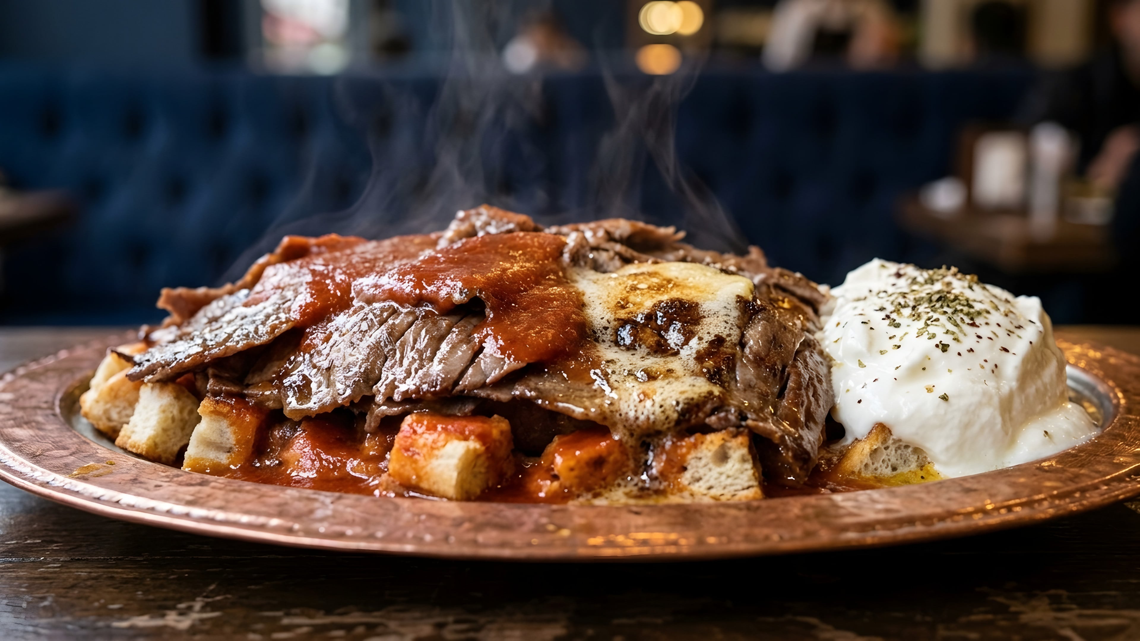 Iskender kebab with tomato sauce, browned butter, and yogurt on a copper plate