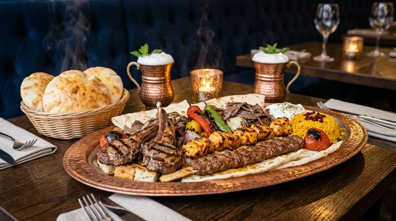 Turkish Restaurant Medford NY - Pita House Long Island Turkish mixed grill platter with Adana kebab, lamb chops and chicken shish on a copper tray at Pita House, Medford NY